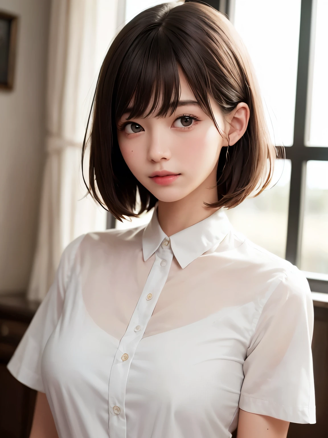 (8k、highest quality、masterpiece:1.8、bangsのあるショートボブヘア:1.8)、(Genuine、Genuineistic:1.5)、Very detailed、1 girl、28 years old、cute、alone、Sitting、 (Beautiful symmetrical face、Beautiful face with golden ratio、smile:1.15、Beautiful light brown eyeouth closed)、big chest、Looking into the camera、Looking into the camerachest元、Beautiful and beautiful eyes、big, Round eyes、Transparent double eyelids、eyelash、lips、(White shirt:1.6)、(short hair:1.2)、Very black hair:2、bangs、Light brown eyes、Beautiful long neck、smile、shut up.、cute face、Genuineistic skin types、Genuineの質感、Unbutton、淡いピンクのlips、There's Genuinely no background、Genuinely pure white background、28 years old,Natural light、上lipsが厚くない、Hands are lowered、(({Huge|big|Hugeな|Mega} chest:2, chestの谷間:2、A very beautiful and charming adult woman:1.5、Beautiful neckline))