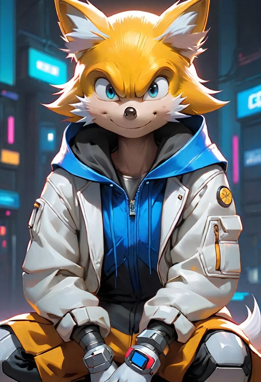 (Cute cartoon, CuteCartoonAF. | Masterpiece in maximum resolution 16K. | (cute cartoon style). | front view (single adorable super cyberpunk Sonic the Hedgehog) (meditating in a spacious Japanese pavilion), (wear a fashionable hoodie), (( mechanical cyberpunk)). |(((soft smile, looking at the viewer))), (bright blue eyes).