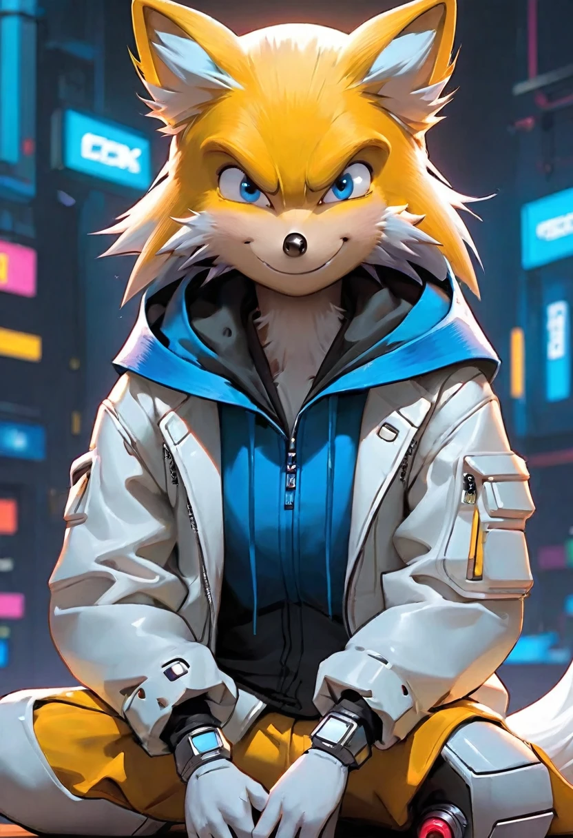 (Cute cartoon, CuteCartoonAF. | Masterpiece in maximum resolution 16K. | (cute cartoon style). | front view (single adorable super cyberpunk Sonic the Hedgehog) (meditating in a spacious Japanese pavilion), (wear a fashionable hoodie), (( mechanical cyberpunk)). |(((soft smile, looking at the viewer))), (bright blue eyes).