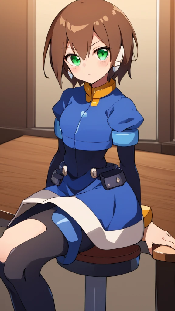 Aile_megamanzx, 1 girl, looking at viewer, sitting on a stool, cowboy dress, cowboy hat,Brown hair, green eyes, watch on right arm