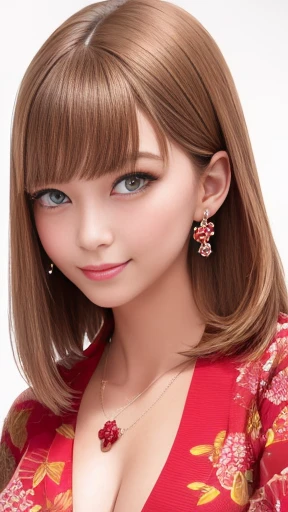 (8k, highest quality, masterpiece:1,2), (Realistic, Photorealistic:1.37), Very detailed, One Girl,), (Very detailed), (緻密で美しいeye), (highest qualityの), (Very detailed ), (masterpiece), (Detailed face),woman((19 years old)), hair((Caramel color，straight, super length)), eye ((赤いeye, 大きな eye)), Clothes((kimono，big slit, red floral pattern)), accessories ((Earrings, necklace)), Huge breasts, big , smile, background,長いhair，赤いClothes，Cowboy Shot