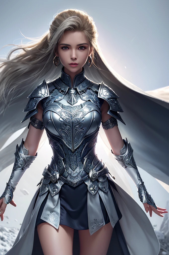 (Highest Quality, Masterpiece: 1.2), Ultra High Resolution, Realistic, Front Lighting, Intricate Detail, Exquisite Detail and Texture, 1girl, Solo, (young), Face Highlight, Upper Body, Detailed Face, Tear Point, Fair Skin, Silver Hair , ponytail, pigtails, viewer, big eyes, large fancy earrings, normal breasts, slim body, luxurious room, professional lighting, photon mapping, radiosity, physically based rendering, paladin armor, iron armor on shoulders and chest Wearing it on the waist and arms, the pattern of an eagle is engraved on the armor, the detailed pattern is designed on the armor, the armor is a style that reveals a woman&#39;s body, a short skirt, a mini skirt, and a dress that closely adheres to the body is worn inside the armor ,There is a very luxurious cloak, the pattern is engraved on the shape of the cloak, wearing a pleated tannis skirt, a knight of holy justice, a large super-sized hammer weapon, five fingers naturally, an armor pattern that embodies eagle wings,