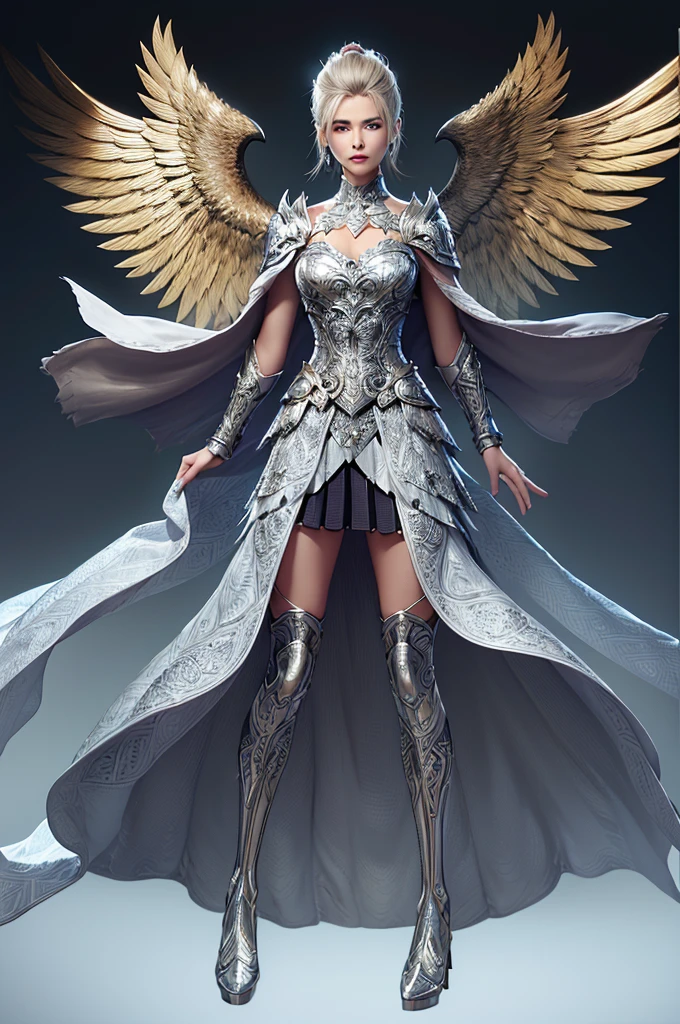 (Highest Quality, Masterpiece: 1.2), Ultra High Resolution, Realistic, Front Lighting, Intricate Detail, Exquisite Detail and Texture, 1girl, Solo, (young), Face Highlight, Upper Body, Detailed Face, Tear Point, Fair Skin, Silver Hair , ponytail, pigtails, viewer, big eyes, large fancy earrings, normal breasts, slim body, luxurious room, professional lighting, photon mapping, radiosity, physically based rendering, paladin armor, iron armor on shoulders and chest Wearing it on the waist and arms, the pattern of an eagle is engraved on the armor, the detailed pattern is designed on the armor, the armor is a style that reveals a woman's body, a short skirt, a mini skirt, and a dress that closely adheres to the body is worn inside the armor ,There is a very luxurious cloak, the pattern is engraved on the shape of the cloak, wearing a pleated tannis skirt, a knight of holy justice, a large super-sized hammer weapon, five fingers naturally, an armor pattern that embodies eagle wings,