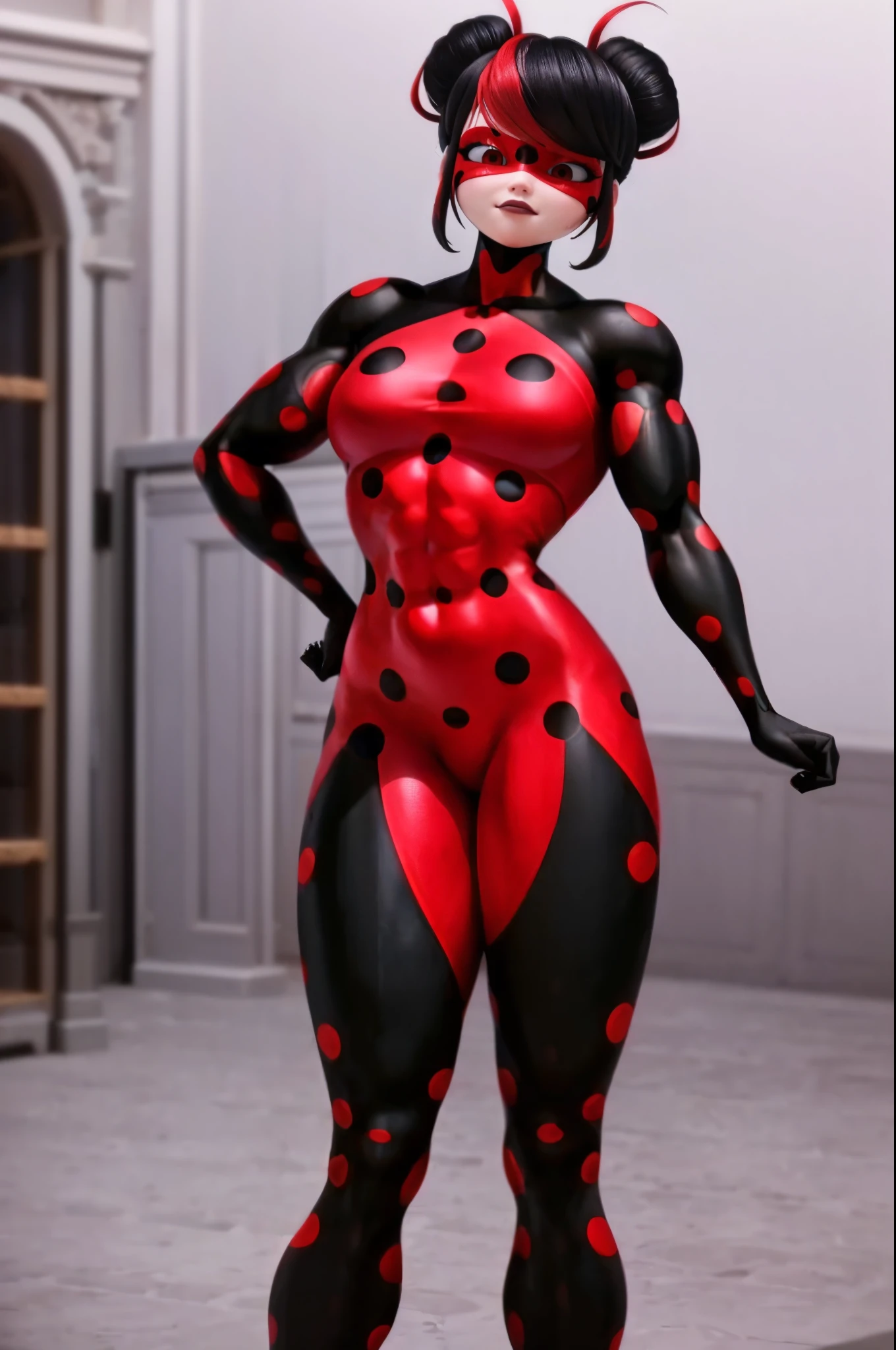 (big muscular female bodybuilder, beautiful detailed eyes, beautiful detailed lips:1.1,strong physique, two short pigtails, (smile), pink ((best quality, masterpiece:1.2), perfect eyes, perfect face, (red/black tone), beautiful, 1girl, solo, black and red suit, gray lipstick, a suit with black and red dots, ((outside, night)), shadybug, black hair, red eyes,), lifting weight, muscular arms and legs:1.2, toned abs, powerful expression,sweating:1.1, bed background:0.9, intense focus:1.1, vibrant colors, dramatic lighting),rippling muscles,sturdy frame,dark tan,fit around the waist,tight abs,strong arms and shoulders,intense expression,determined look,well-defined muscles and veins,straining muscles,artistic pose,steely gaze,side lighting,powerful presence,vivid colors,dynamic composition,studio lighting,physically-based rendering,athletic build,bodybuilding silhouette,professional,gritty texture,bokeh,(LOOKING AT FRONT).