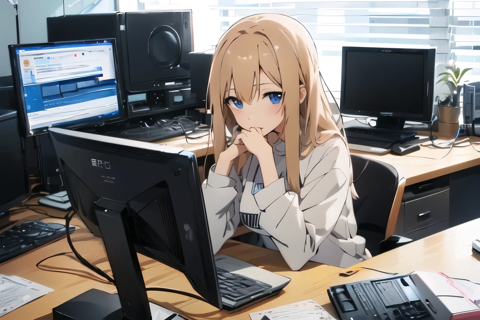 Anime girl sitting at desk with computer and keyboard, Cute girl anime visuals, Anime Style 4k, Smooth anime CG art, sitting in front of a computer, In front of the computer, Anime Girl Desktop Backgrounds, sitting in front of a computer desk, Best Anime 4K Konachan Wallpaper, Official studio anime stills, 4k anime wallpaper