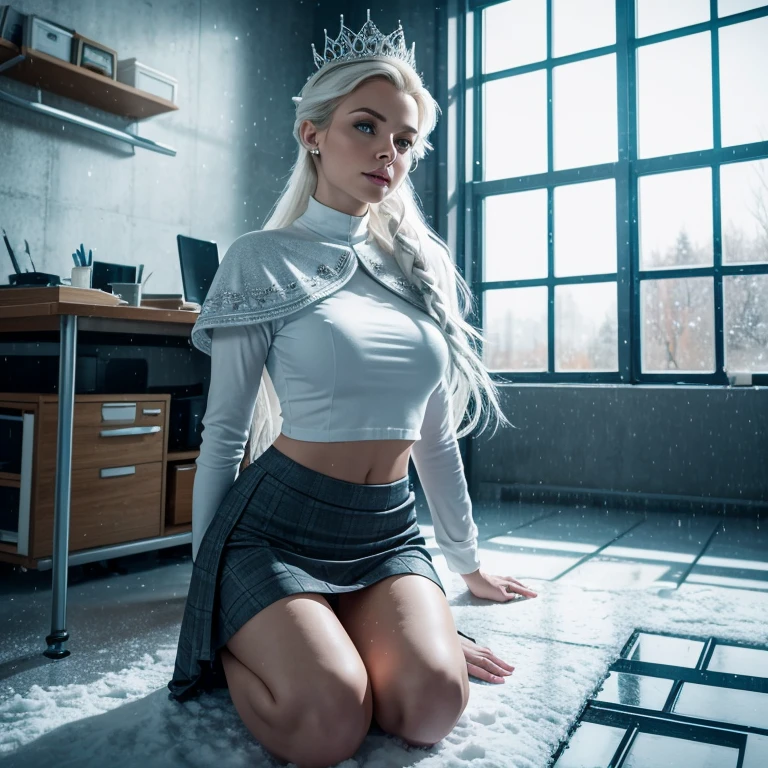 Realistic photography, high quality, The Snow Queen kneeling under the table in a modern office, she is wearing a short skirt and a tight top, thin waist, detailed face, Bright day, thin hips, (acid rain outside a huge window: 1.1), strong wind, magic light, Danger