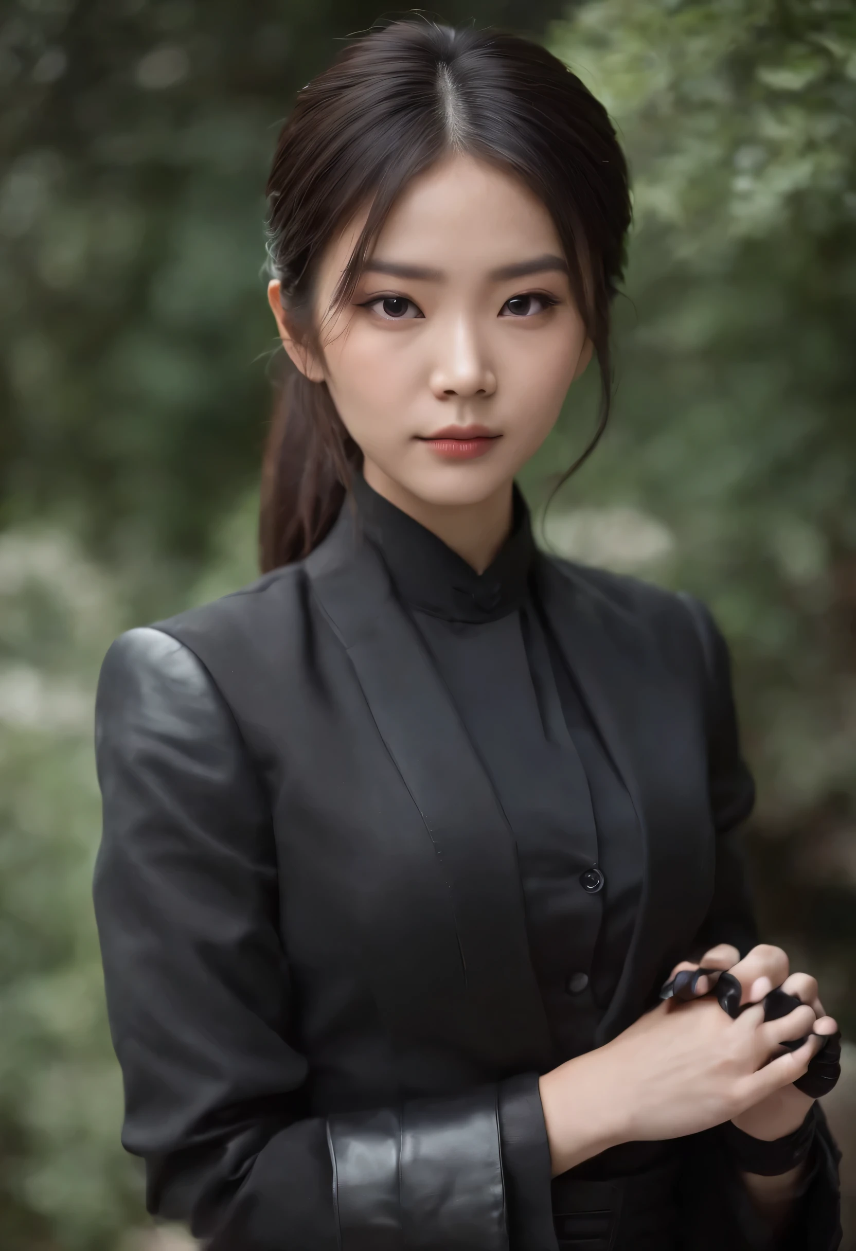 Japanese girl wearing black three piece suit,Men's shirt above, Hands wearing black leather gloves, Black hair ponytail