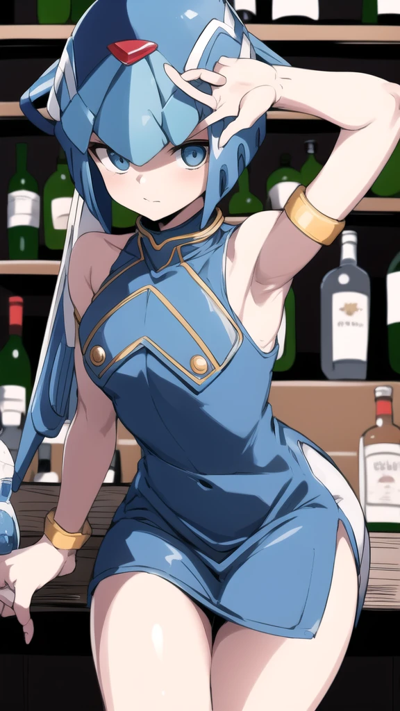 leviathan_megamanz, 1 girl, looking at viewer, sitting on a stool, leaning on a bottle of tequila in her hand, cowboy dress, cowboy hat, watch on right arm