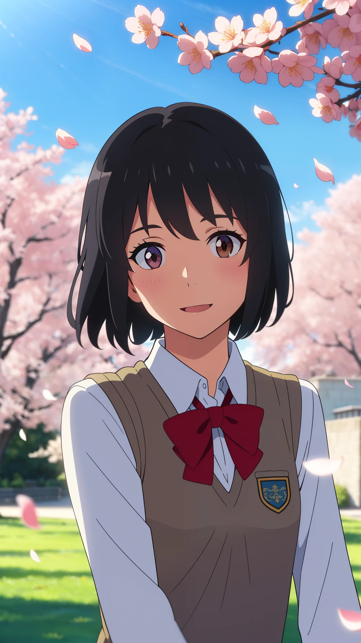 shinkai makoto, kimi no na wa., 1girl, bangs, black hair, blue sky, blush, bow, red bow, brown eyes, cloud, collared shirt, headband, red headband, looking at the audience, Negative Space, Outdoors, bow, red bow, red ribbon, Ribbon, shirt, short hair, sky, smile, sweater vest, upper body, vest, white shirt, yellow sweater vest, yellow vest, smile, happy, open mouth, cherry_blossoms, falling_petals, petals, branch, pink_flower, sky, sunlight, spring_season, wind, tree