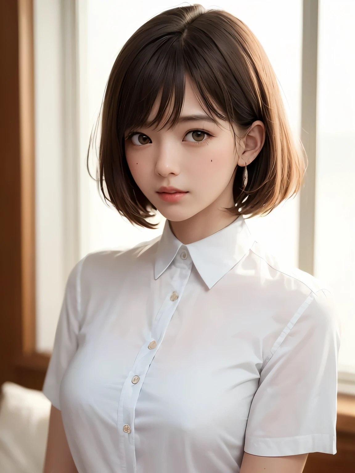 (8k、highest quality、masterpiece:1.8、bangsのあるショートボブヘア:1.8)、(Genuine、Genuineistic:1.5)、Very detailed、1 girl、28 years old、cute、alone、Sitting、 (Beautiful symmetrical face、Beautiful face with golden ratio、smile:1.15、Beautiful light brown eyeouth closed)、big chest、Looking into the camera、Looking into the camerachest元、Beautiful and beautiful eyes、big, Round eyes、Transparent double eyelids、eyelash、lips、(White shirt:1.6)、(short hair:1.2)、Very black hair:2、bangs、Light brown eyes、Beautiful long neck、smile、shut up.、cute face、Genuineistic skin types、Genuineの質感、Unbutton、淡いピンクのlips、There&#39;s Genuinely no background、Genuinely pure white background、28 years old,Natural light、上lipsが厚くない、Hands are lowered、(({Huge|big|Hugeな|Mega} chest:2, chestの谷間:2、A very beautiful and charming adult woman:1.5、Beautiful neckline、Very beautiful décolleté:1.5))