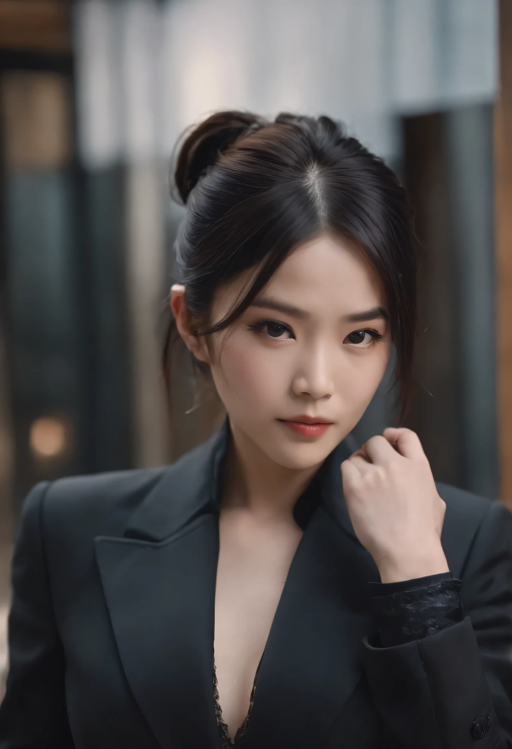 Japanese girl wearing black three piece suit，Men&#39;s shirt above, Hands wearing black leather gloves, Black hair ponytail