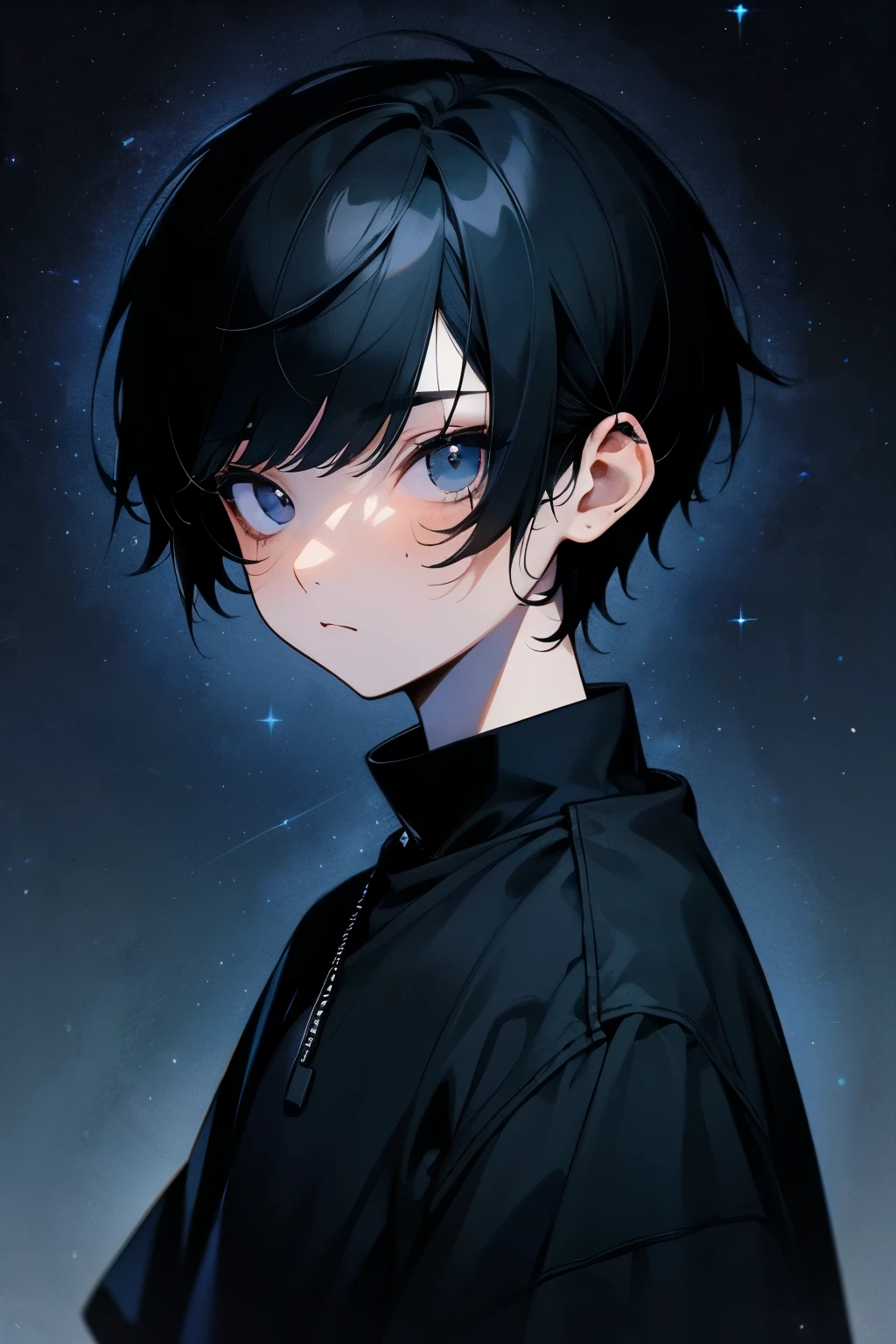 Black Hair,short hair,youth,Deep black eyes,gaze,Solid black sweatshirt,Starry Sky。Bleak