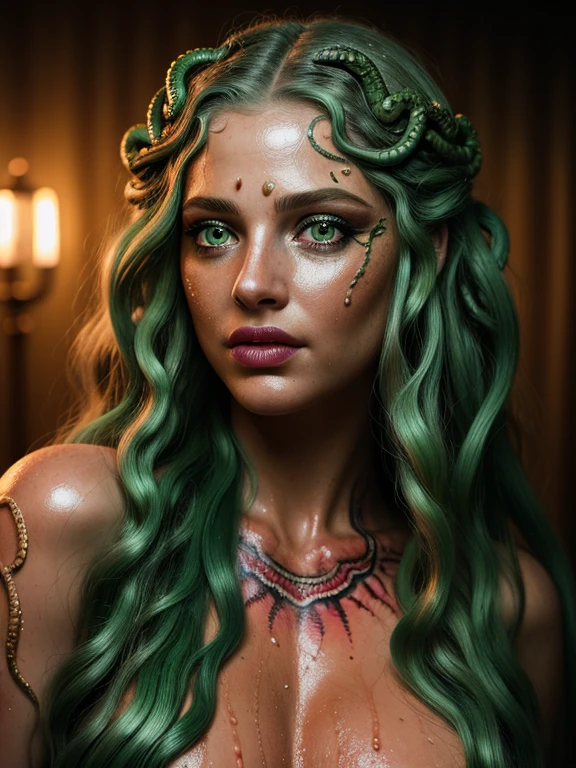 (Realistic:1.5), Realistic, RAW Photos, Analogue photography style, Depth of written boundary, Ultra-detailed photo of Medusa, (The hair is made up of countless snakes), Detailed green eye, Wet tongue,A long, shiny tongue,Heavy makeup, Gorgeous female face, Detailed Photos,Big Breasts,Big ,Aura of the Goddess, Art Station, Bioluminescence, Natural Shadows, Warm Filter, Cinematic Light, Professional photography, Canon Lens F1.4, 16k