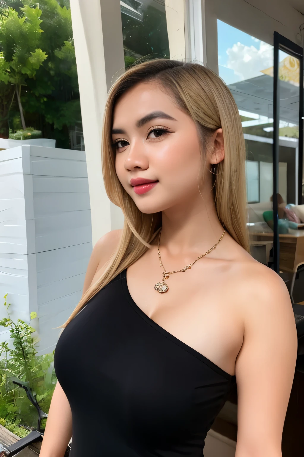 masterpiece, ultra realistic, 32k, extremely detailed CG unity 8k wallpaper, best quality
(masterpiece, best quality, highres, high resolution:1.2), extremely detailed, realistic, intricate details, 1girl, solo, orgasmic facial expression, (beautiful face), (upper body view), (cinematic lighting, sunlight, volumetric), looking at viewer, from front, (masterpiece,best quality:1.5), necklace, Indonesian idol, cewek indo, (blonde hair, very straight hair:1.2), one arm up, armpit, wearing strapless tshirt,