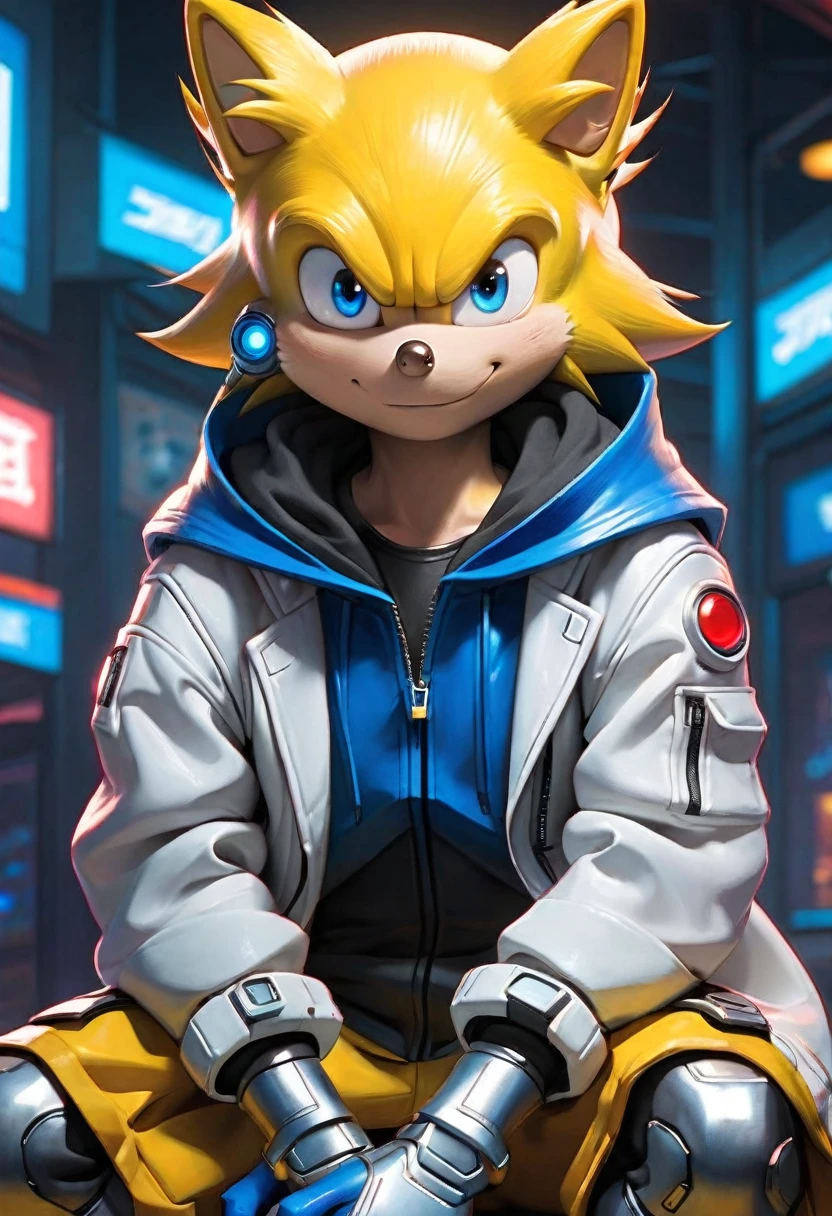 (Super Sonic the Hedgehog - cyberpunk), (blue), (Cute cartoon, CuteCartoonAF. | Masterpiece in maximum resolution 16K. | (cute cartoon style). | front view (loner, charming) , (meditating in a spacious Japanese pavilion), ( wear a fashionable hoodie), ((mechanical cyberpunk)). |(((soft smile, looking at the viewer))), (bright blue eyes).