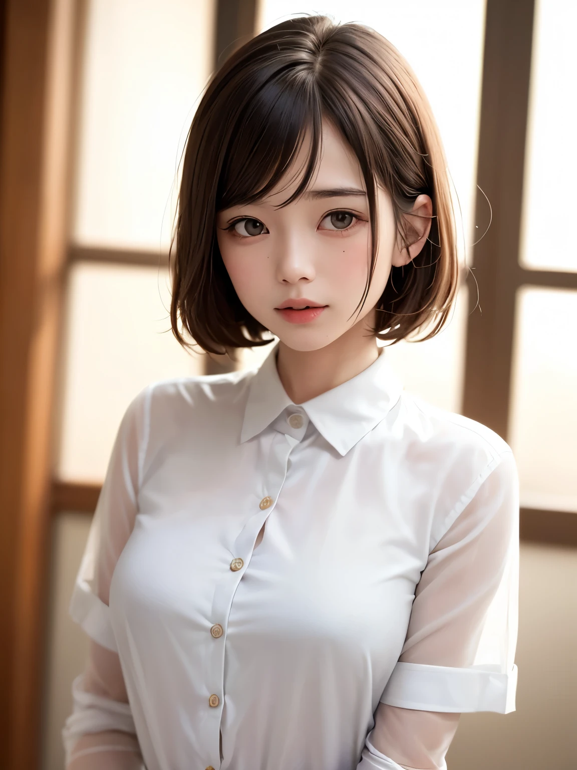 (Tabletop:1.3), (8k, Realistic, RAW Photos, Highest quality: 1.4), Japanese, (One Girl), Beautiful Face, (Realistic Face), (Black Hair), Beautiful hairstyle, Realistic eyes, Beautiful attention to detail, (Realistic Skin), Beautiful Skin, Charm, Ultra-high resolution, Surreal, Very detailed, Golden Ratio,school uniform.blush、Bobcut、Loose and fluffy hairstyle、Drooping eyes、Emphasize the cleavage