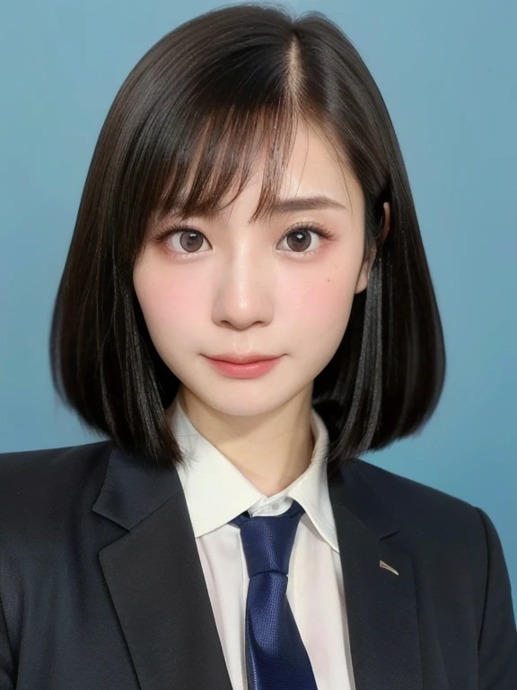(kawaii 24 year-old Japanese girl, Nogizaka idol, Korean idol), (glossy black hair, medium bob, even and symmetric hair design:1.3), (pure black eyes, rounded face, single eyelid, no makeup, serious expression:1.2), (wearing suit jacket, collared shirt, necktie:1.3), (extra small breasts:0.9), (facing straight at camera:1.2), BREAK, (simple blue background, yearbook background:1.3), (portrait, id photo, bust shot, view from straight forward:1.3), (keep enough top margin to avoid the head cropped:1.3), BREAK, (masterpiece, best quality, photo realistic, official art:1.4), (UHD, 8K quality wallpaper, high resolution, raw photo, golden ratio:1.3), (shiny skin), professional lighting, physically based rendering, award winning, (highly detailed skin, extremely detailed face and eyes), Carl Zeiss 85 mm F/1.4, depth of field, 1girl, solo,