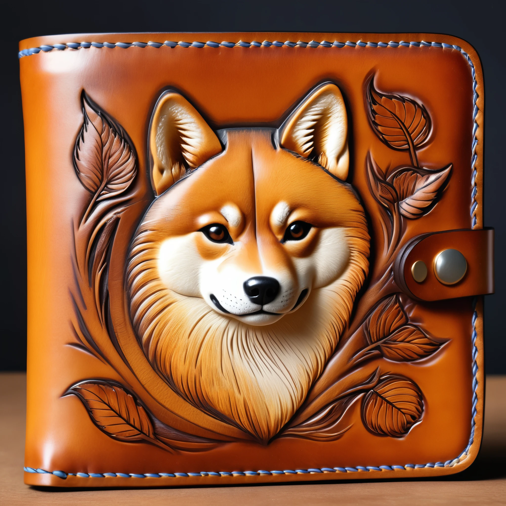 photorealistic product photo of a tooled leather wallet, intricately embossed Shiba Inu design, (highly detailed:1.0),(masterpiece, best quality, realistic, detailed:1.1) 