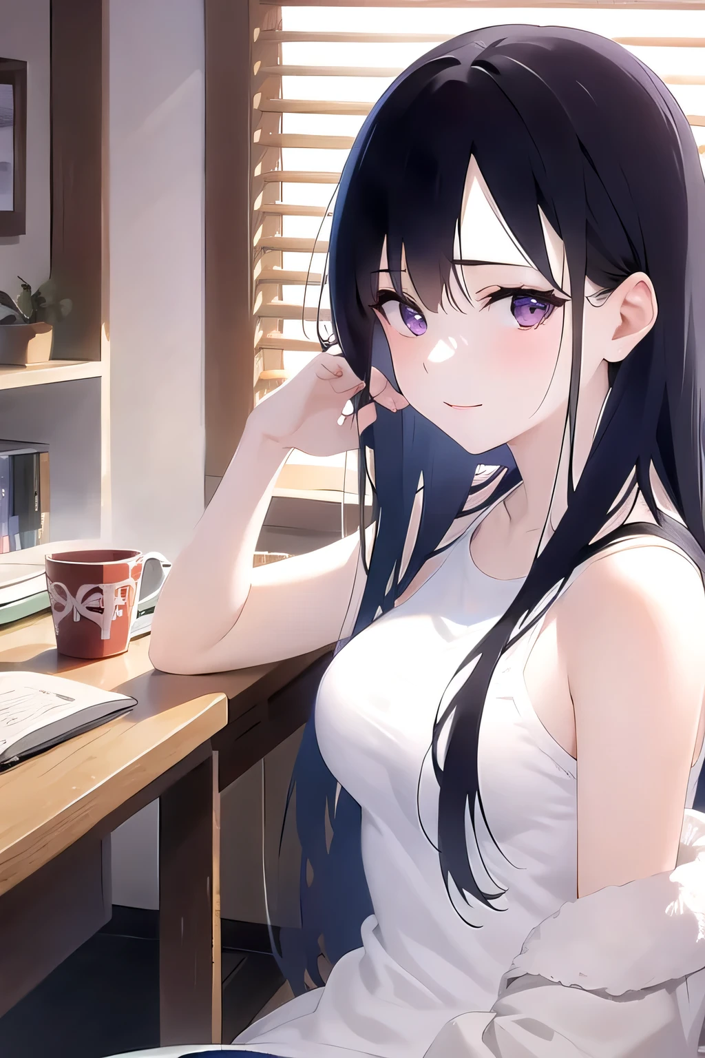 Side angle, (avert your eyes:1.5), Realistic, (Pale skin: 1.2), RAW Photos, Realistic, Portrait Photography, Shiny skin, Japanese Idols,Shiny Hair,(A 25-year-old woman with medium-length straight hair and bangs) and (Black Hair) and (Purple eyes) ,smile, Background is an office room,by 2 person,All naked,naked