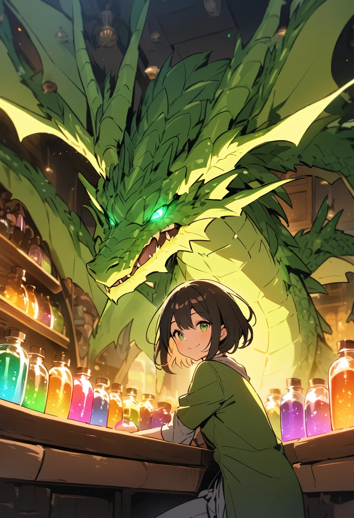 massive green dragon, you with a welcoming smile while at the counter in a shop full of glowing potions,