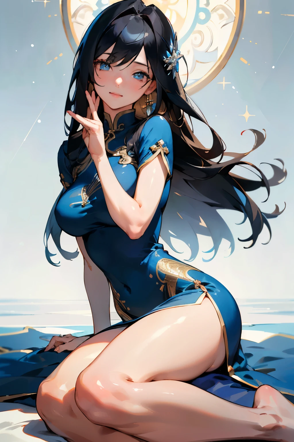 1girl, 18 year old female, Ushiwakamaru, Fate/Grand Order, anime style, ultra realistic, high detail, sexy pose, sexy, beautiful, exposed skin, slender, exposed breast, medium breast, nipples, nude, moon, stars, absurdres, high res, ultrasharp, 8K, UHD, retina, masterpiece, accurate, anatomically correct, perfect anatomy, textured skin, super detail, high details, high quality, award winning, best quality, high res, looking at viewer, detailed eyes, four fingers and one thumb per hand, perfect hands, perfect finger, two arms only, black hair, blue eyes, full body, thigh band, no clothes