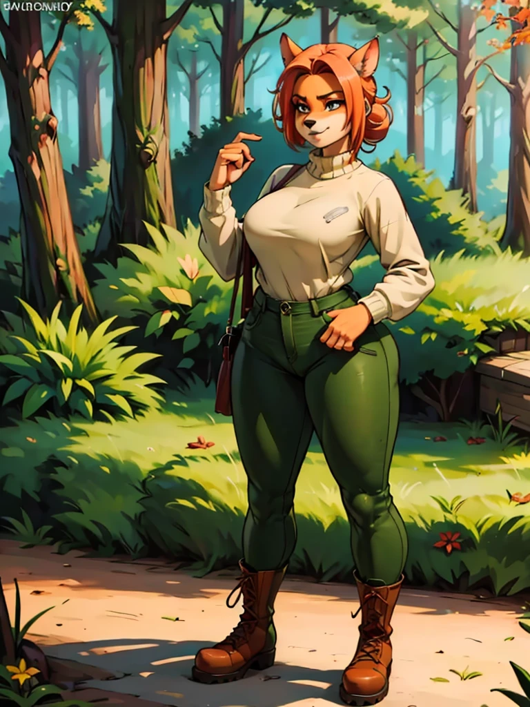 (Best quality, a high resolution, (realistic:1.37), ultra detailed, professional, Bright colors, hips), digital illustration, Cozy autumn atmosphere, , the forest, autumn , Girl in sweater, ,trousers, army boots, furry anthro bandicoot, seductive facial expression, dynamic pose, magical aura fantasy theme