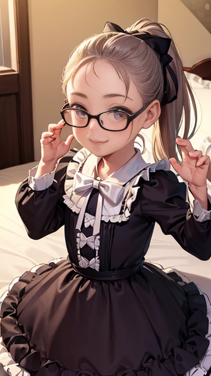 ((masterpiece)),((highest quality)),((Anatomical)),((Realistic)),((Detailed Description)),((cute)),((((bedroom)))),(((One ))),((Beautiful eyes)),(((ponytail))),((Baby Face)e)),((Bewitching Smile)),(((Lolita Dress))),(((Glasses))),Full body view,