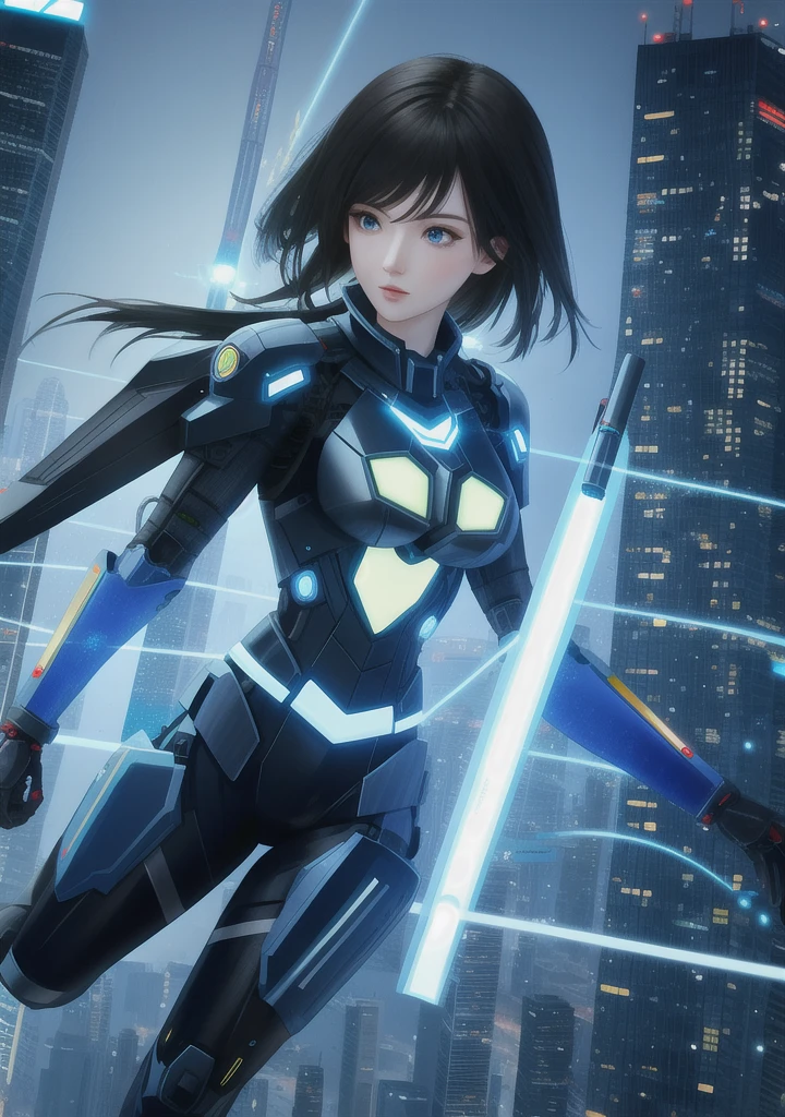 Full body photo, Humanoid Machine Woman, half human half machine body in futuristic costume, with power cables, lit blue lights on her chest, she has half human half head with mechanical parts showing, short black hair, blue eye and mechanical eye with laser sight, looking at the viewer, from the front, big breasts, body half human and half mechanical, she is in a futuristic city at war between humans and machines, she is holding futuristic weapons of high caliber, cyberpunk, troll, anime, Pop art, masterpiece, 16k, high details, UHD, best quality