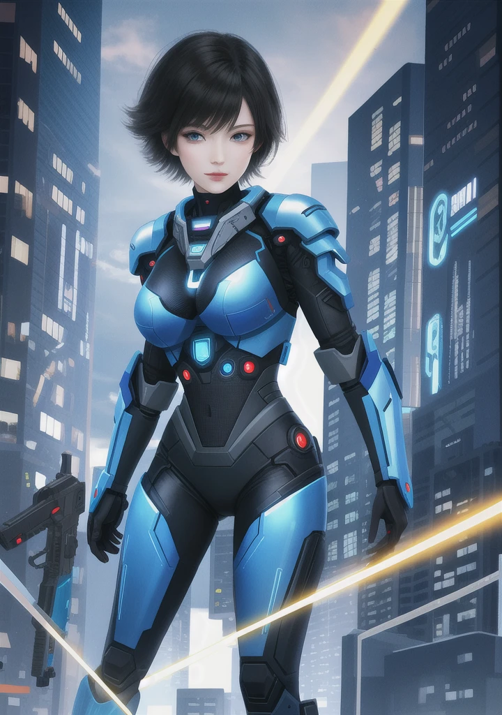 Full body photo, Humanoid Machine Woman, half human half machine body in futuristic costume, with power cables, lit blue lights on her chest, she has half human half head with mechanical parts showing, short black hair, blue eye and mechanical eye with laser sight, looking at the viewer, from the front, big breasts, body half human and half mechanical, she is in a futuristic city at war between humans and machines, she is holding futuristic weapons of high caliber, cyberpunk, troll, anime, Pop art, masterpiece, 16k, high details, UHD, best quality