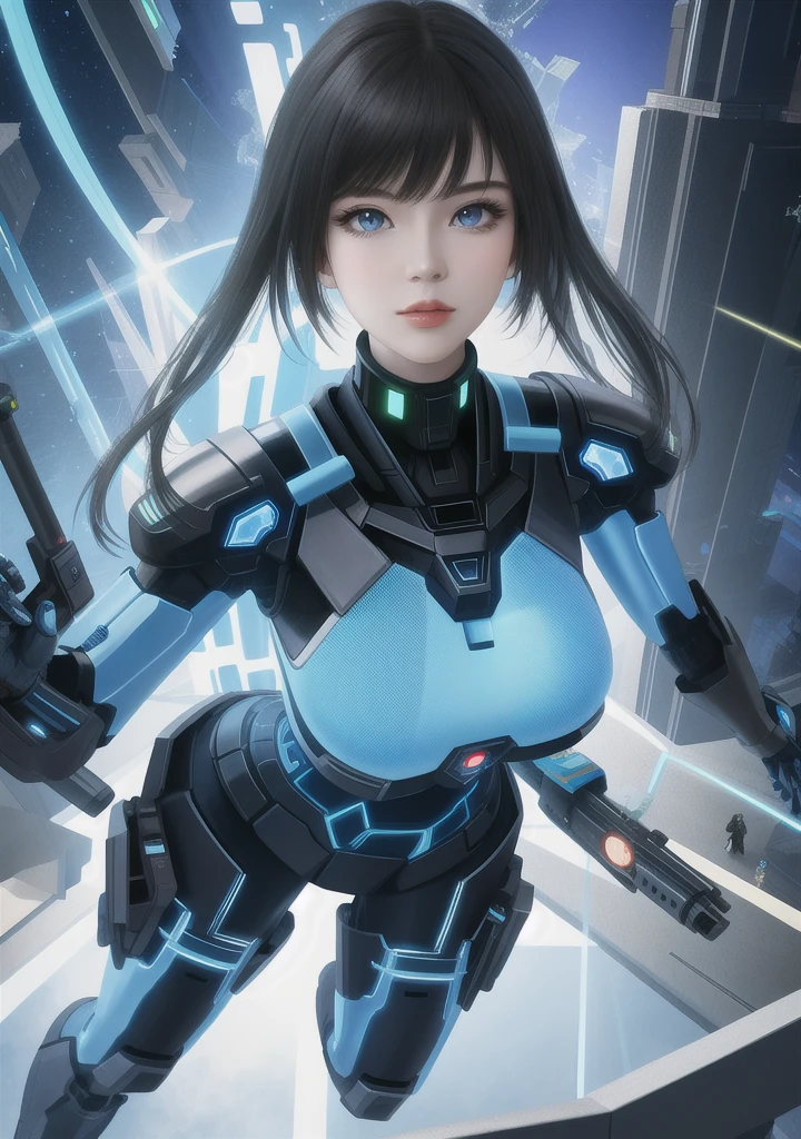 Full body photo, Humanoid Machine Woman, half human half machine body in futuristic costume, with power cables, lit blue lights on her chest, she has half human half head with mechanical parts showing, short black hair, blue eye and mechanical eye with laser sight, looking at the viewer, from the front, big breasts, body half human and half mechanical, she is in a futuristic city at war between humans and machines, she is holding futuristic weapons of high caliber, cyberpunk, troll, anime, Pop art, masterpiece, 16k, high details, UHD, best quality