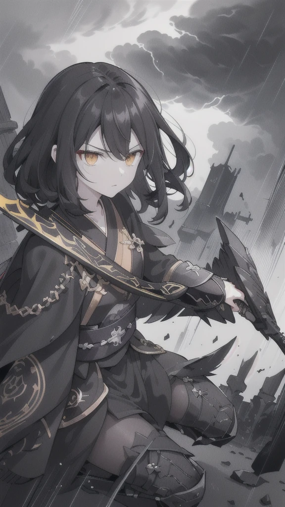 (dark hair,short black hair),(golden eyes),(black hanfu,black armor),(ink black longsword),(ravens),(high contrast,monochrome,black and white),(mystery,ominous),(stormy atmosphere,thunderstorm),(dramatic lighting),(detailed textures),(dynamic pose),(dark background)