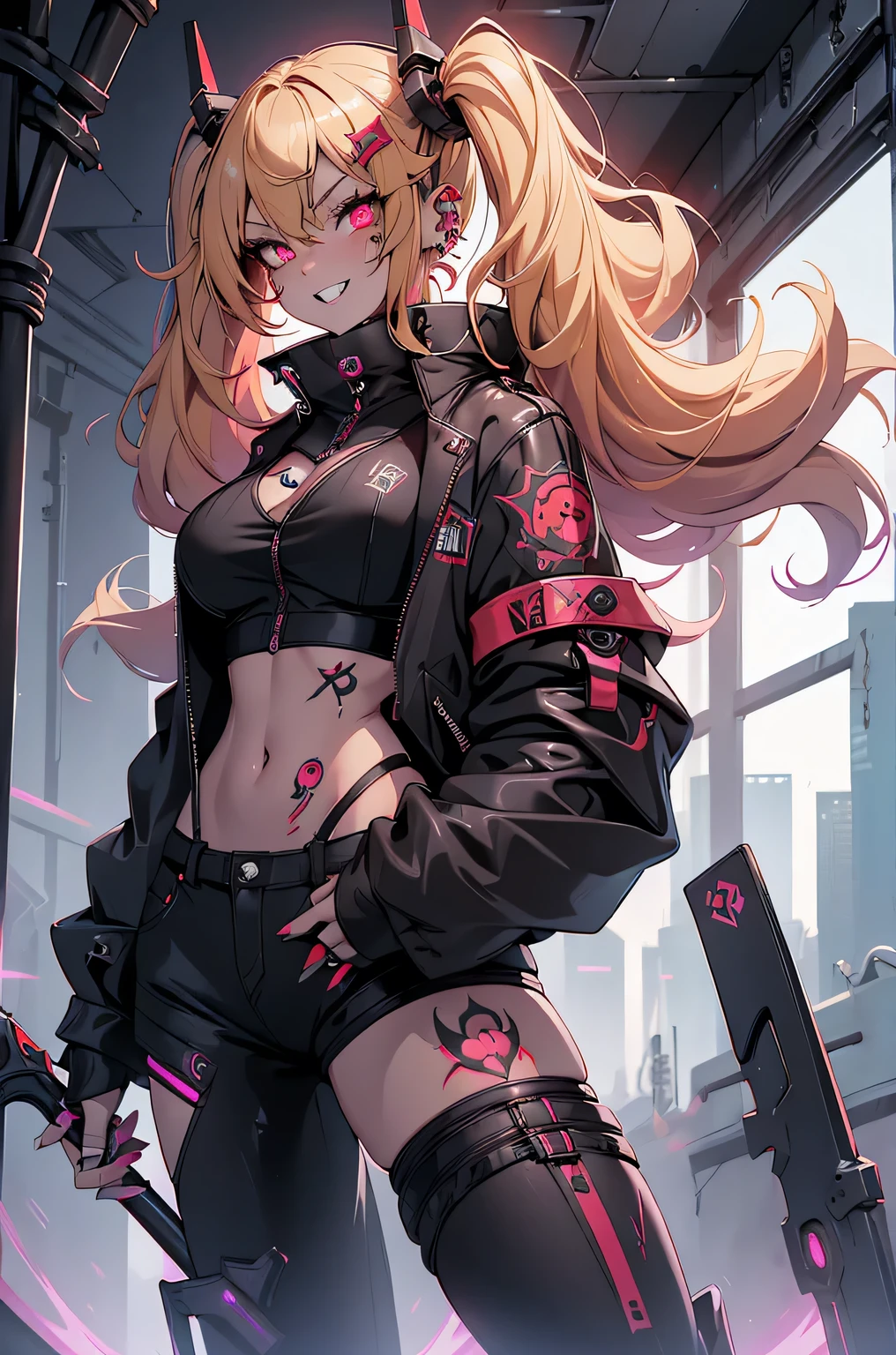 One girl, Rebecca \(cyber punk\), ((full body, holding Grim Reaper's Scythe,Dynamic Angle:1.0)),One Woman,Blonde twisted twin tails, glowing Red eyes,Laugh fearlessly, Leg Tattoos, Neck Tattoo,  Large Breasts, Black bra, String, Red pupils, Leather Fang, Red eyes, Black jacket,cyber punk,cyber cityscape,