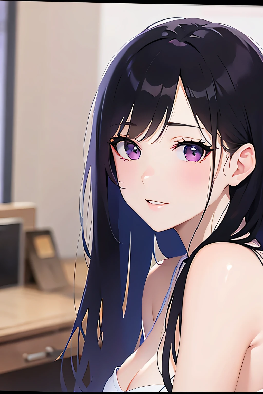 Side angle, (avert your eyes:1.5), Realistic, (Pale skin: 1.2), RAW Photos, Realistic, Portrait Photography, Shiny skin, Japanese Idols,Shiny Hair,(A 25-year-old woman with medium-length straight hair and bangs) and (Black Hair) and (Purple eyes) ,smile, Background is an office room,by 2 person,All naked,naked