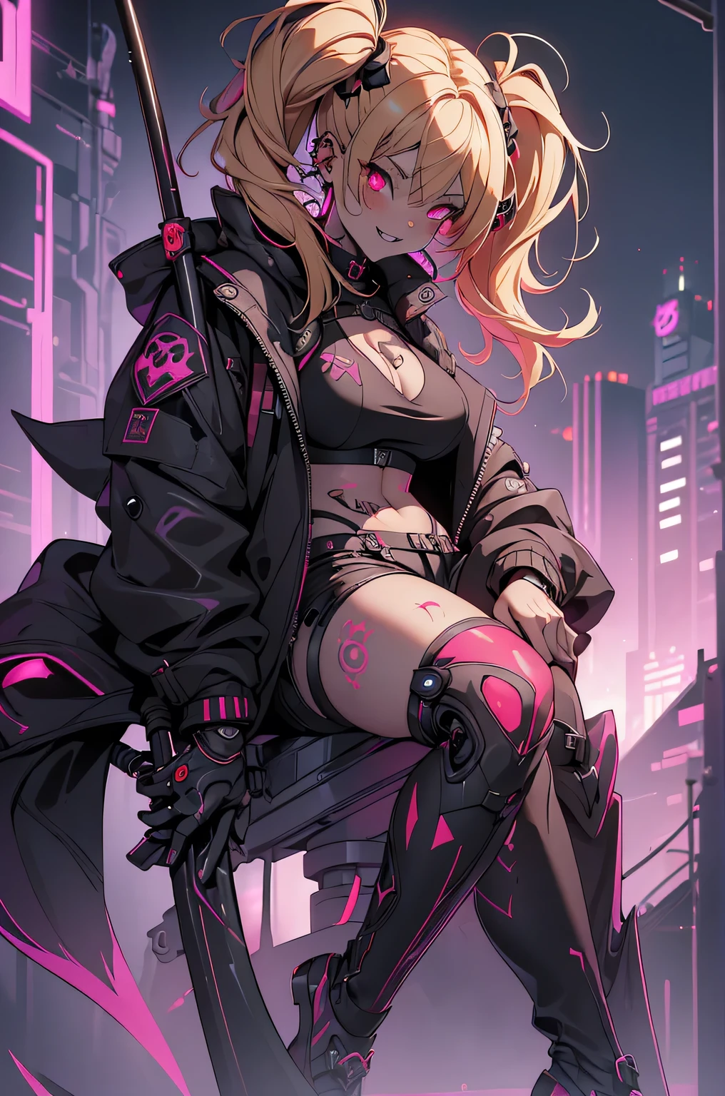 One girl, Rebecca \(cyber punk\), ((full body, holding Grim Reaper's Scythe,Dynamic Angle:1.0)),One Woman,Blonde twisted twin tails, glowing Red eyes,Laugh fearlessly, Leg Tattoos, Neck Tattoo,  Large Breasts, Black bra, String, Red pupils, Leather Fang, Red eyes, Black jacket,cyber punk,cyber cityscape,