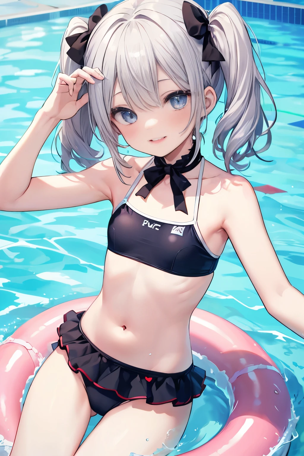 Silver-haired blue eyes、 girl、Small breasts、Twin tails、Laughter、Nico Nico Smile、Wink、 girl、Looks about 、Petan Musume、short、There are highlights on the eyes、Coming to the pool、Wear a cute swimsuit、sexy、Armpits are visible、There are lots of toys