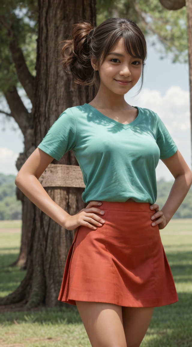 (8K、Raw photo、highest quality、masterpiece:1.2)、(realistic、Photoreal)、busty indian 1 girl、((check skirt、anime cosplay、Navel exposed、See-through、ruffled mysterious、I can see your feet、boots、big breasts、Seen from the front、stand with legs apart、in the forest、))、lots of eyelashes、Glitter on your eyelids、skeletally correct、sweaty body、Beautifully aligned fingertips、smile、standing with hands on hips、above the sky