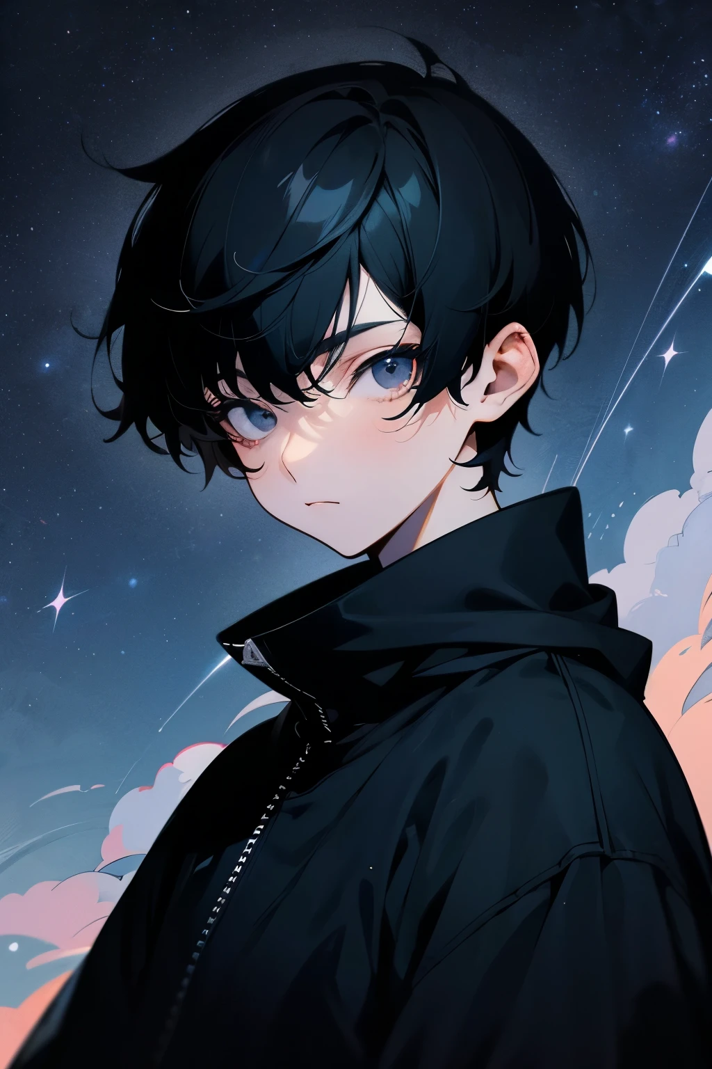 Black Hair,short hair,youth,Mature,Deep black eyes,gaze,Solid black sweatshirt,Starry Sky。Bleak