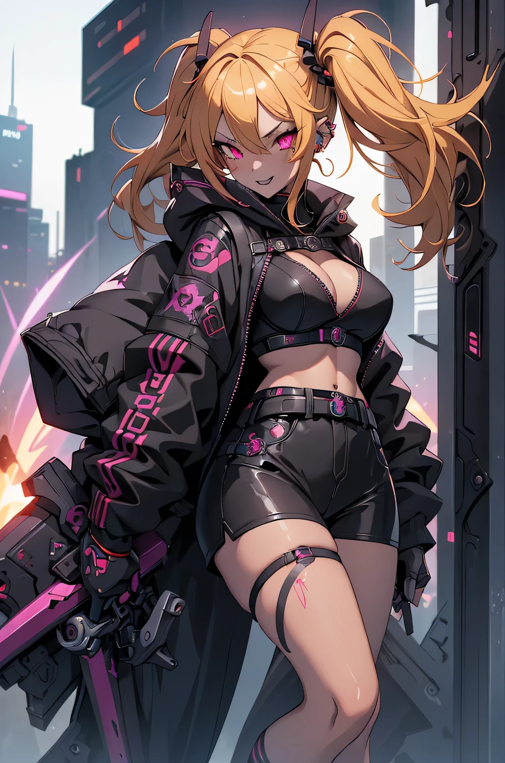 One girl, Rebecca \(cyber punk\), ((full body, holding Grim Reaper's Scythe,Dynamic Angle:1.0)),One Woman,Blonde twisted twin tails, glowing Red eyes,Laugh fearlessly, Leg Tattoos, Neck Tattoo, Large Breasts, Black bra, String, Red pupils, Leather Fang, Red eyes, Black jacket,cyber punk,cyber cityscape,