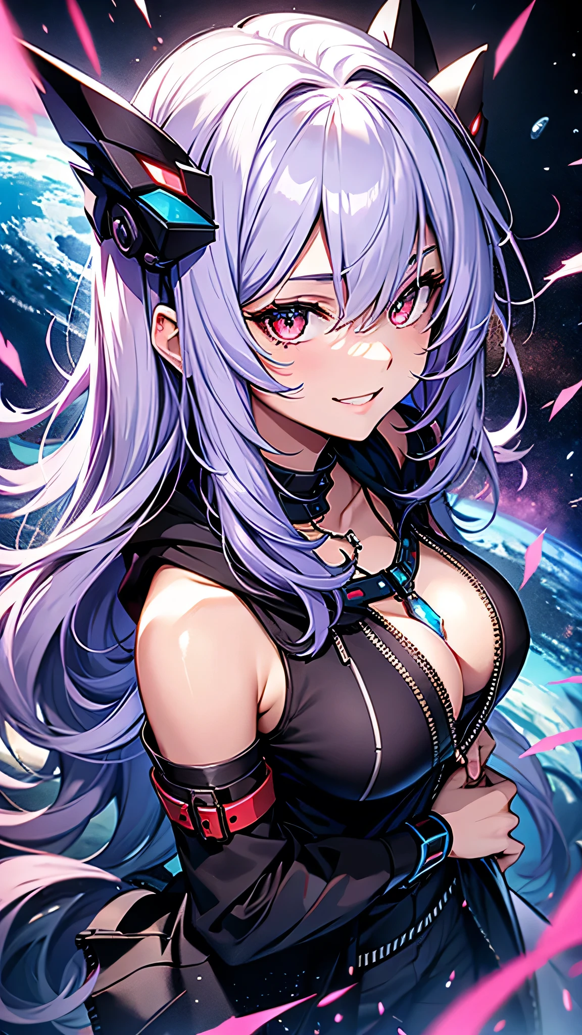 最high quality、Best image quality、masterpiece、girl((18-year-old、 By becoming、Best Bust、Medium Bust,Wide open breast tea、Red glowing eyes,Silver Hair、Disheveled Hair、Long Hair、thin,The highest valley、Open chest、Luminous Wristbands、smile、hair ornaments、luminous necklace、Black sleeveless hoodie(1:2)、Blue short skirt、Angle from directly above、Disheveled clothing、Show the whole body,)),high quality、Beautiful art、background((Cosmic))、Flight、Flying debris、Written boundary depth、movie、Visual Arts、Perfect art、8K,Genuine、