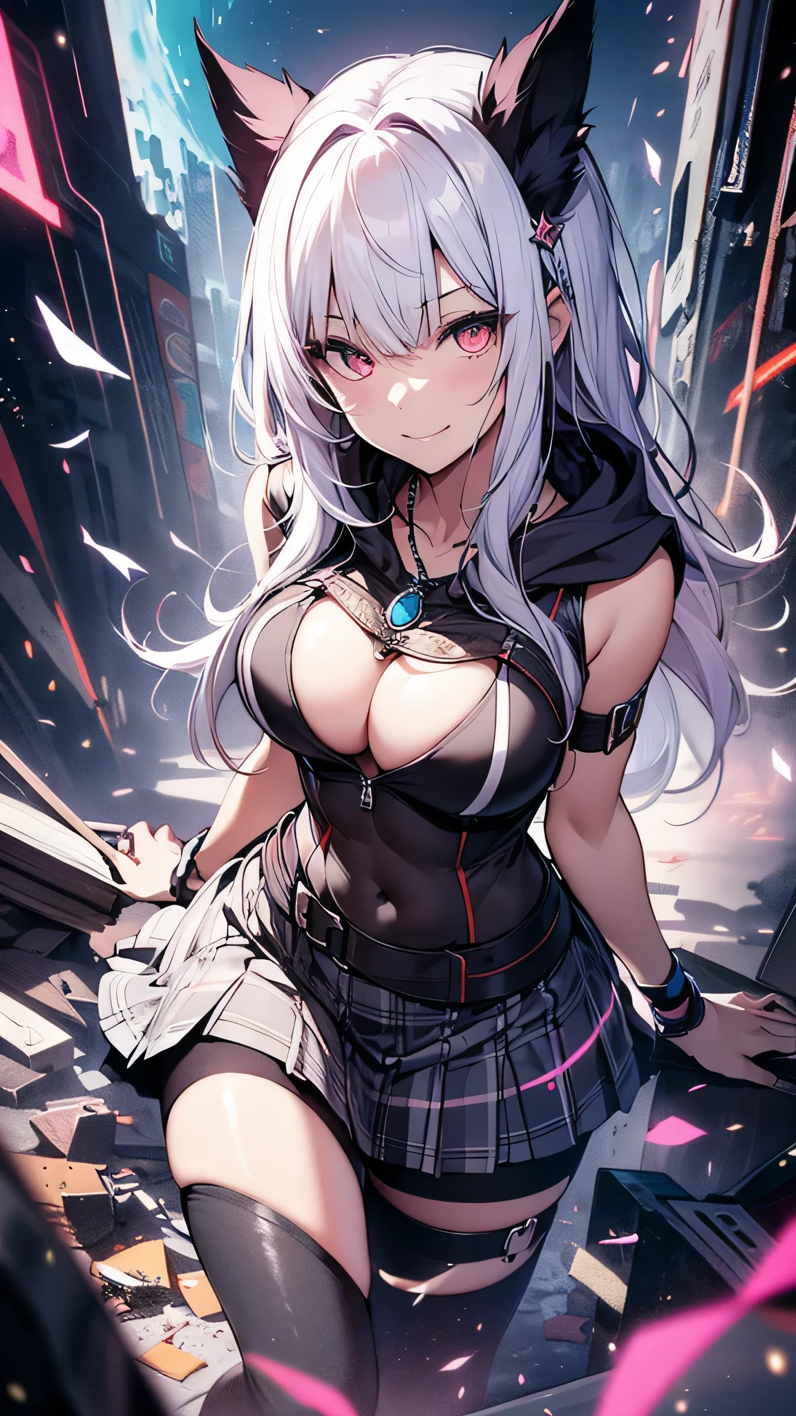 最high quality、Best image quality、masterpiece、girl((18-year-old、 By becoming、Best Bust、Medium Bust,Wide open breast tea、Red glowing eyes,Silver Hair、Disheveled Hair、Long Hair、thin,The highest valley、Open chest、Luminous Wristbands、smile、hair ornaments、luminous necklace、Black sleeveless hoodie(1:2)、Blue short skirt、Angle from directly above、Disheveled clothing、Show the whole body,)),high quality、Beautiful art、background((Cosmic))、Flight、Flying debris、Written boundary depth、movie、Visual Arts、Perfect art、8K,Genuine、