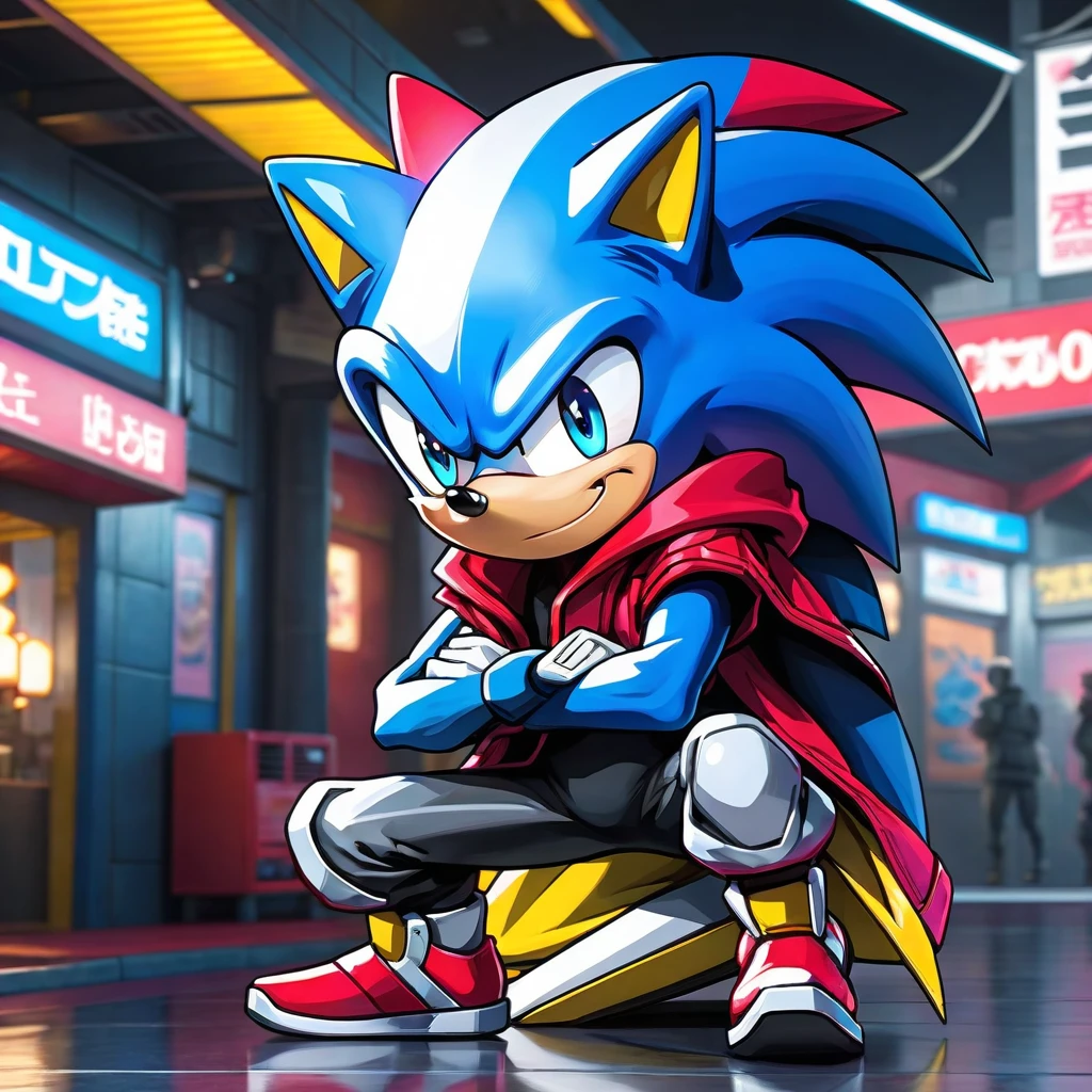 (Super Sonic the Hedgehog - cyberpunk), (blue), (Cute cartoon, CuteCartoonAF. | Masterpiece in maximum resolution 16K. | (cute cartoon style). | front view (loner, charming) , (meditating in a spacious Japanese pavilion), ( wear a fashionable hoodie), ((mechanical cyberpunk)). |(((soft smile, looking at the viewer))), (bright blue eyes).