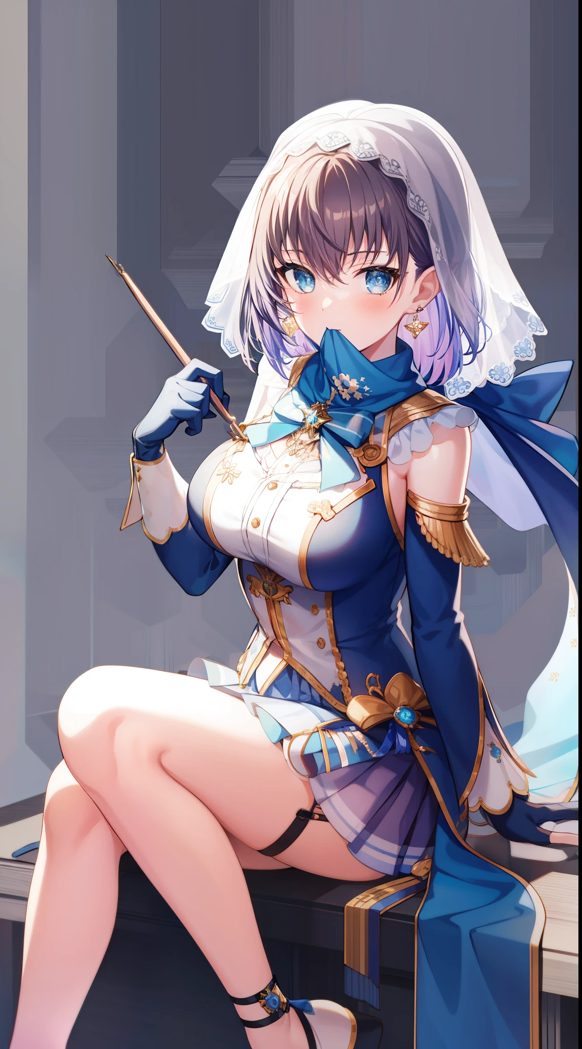 1 Girl, Kaneko_Crony, Virtual_Youtuber, breast, Solitary, blue_Eye, High Leg Raise, Large target_breast, bow, Detached_sleeve, hair_intake, blue_hair, Gloves, jewelry, White_background, Black_High Leg Raise, Watching_exist_Viewer, earrings, Black_Gloves, short_hair, sitting, Features_name, _background, clothing_cut out, blue_bow, scarf, bow_earrings, chain, knee_up, Bangs, skirt, closure_Mouth, cape, cleveage_cut out, veil,