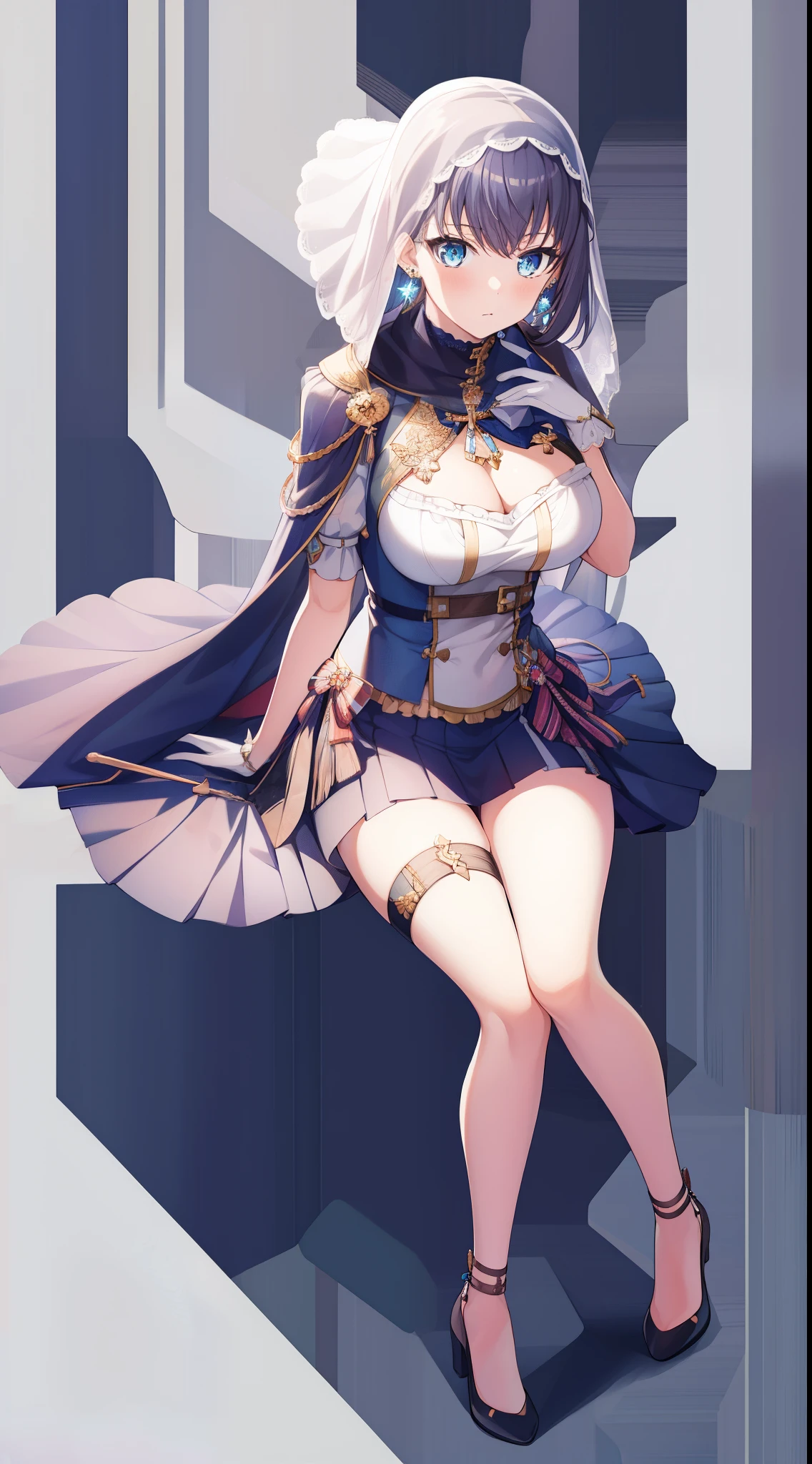 1 Girl, Kaneko_Crony, Virtual_Youtuber, breast, Solitary, blue_Eye, High Leg Raise, Large target_breast, bow, Detached_sleeve, hair_intake, blue_hair, Gloves, jewelry, White_background, Black_High Leg Raise, Watching_exist_Viewer, earrings, Black_Gloves, short_hair, sitting, Features_name, _background, clothing_cut out, blue_bow, scarf, bow_earrings, chain, knee_up, Bangs, skirt, closure_Mouth, cape, cleveage_cut out, veil,