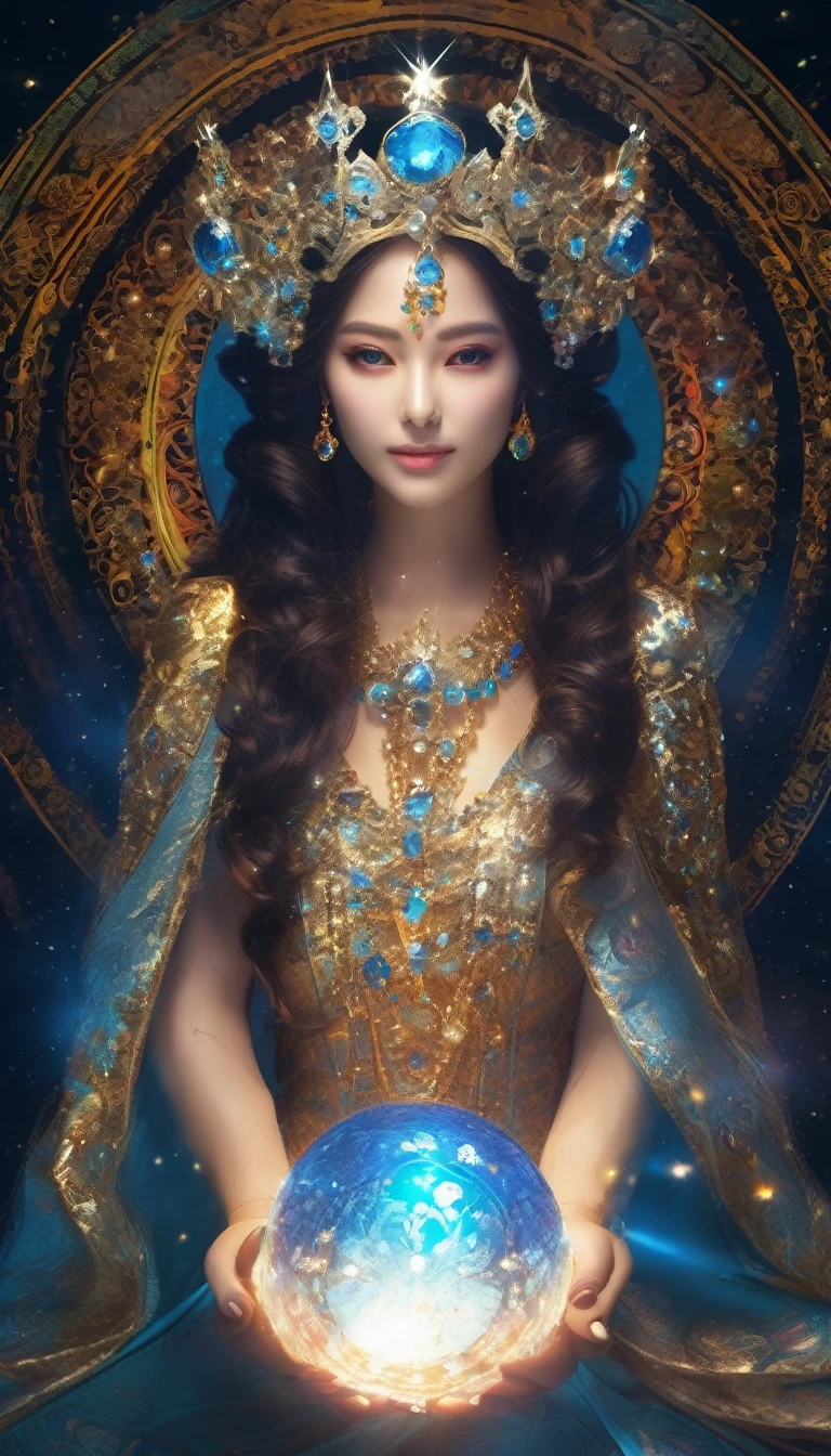 Tarot reading、Crown、Queen、A shining enchanting deity adorned with jewels、Holding a glowing sphere in your hand Look straight at the camera, in the center,Very bright color, Particles of light, The light shines, Musif, Wallpaper Art, UHD wallpaper mysterious、Glowing blue aura、Upper body close-up