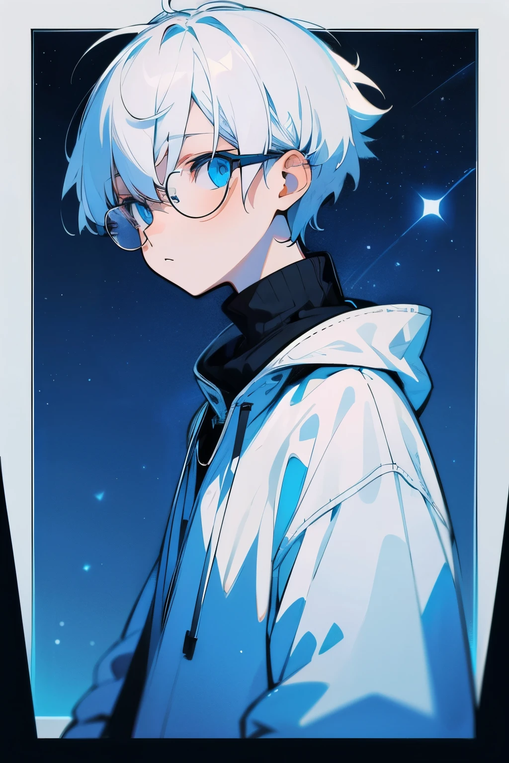 White hair,short hair,youth,clear sky blue eyes,Black square frame glasses。Pure white sweatshirt。Starry Sky,night。Bleak。peaceful
