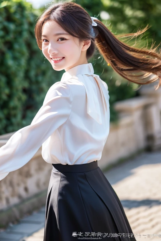 (best quality,highres,masterpiece:1.2),ultra-detailed,realistic,photorealistic:1.37,a beautiful woman,slender figure,white silk blouse,black pencil skirt,ponytail golden hair,silver eyes,elegant,reaching out her arms,light blue bow tie,smiling expression,a walking scene,background of an old castle