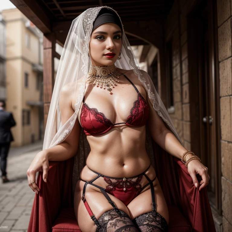 portrait, looking at viewer, a sexually attractive (hijabi wedding veil) girl (sit on a chair) in back alley  wearing thighhighs  ((garter belt)), bikini, hijabi wedding veil, wedding veil, gluteal, bokeh,UHD, masterpiece, ccurate, anatomically correct, textured skin, super detail, high details, high quality, award winning, best quality, highres, HD,  extremely detailed eyes and face, beautiful detailed nose, beautiful detailed eyes, ((SFW)),  global lighting, red lips, 