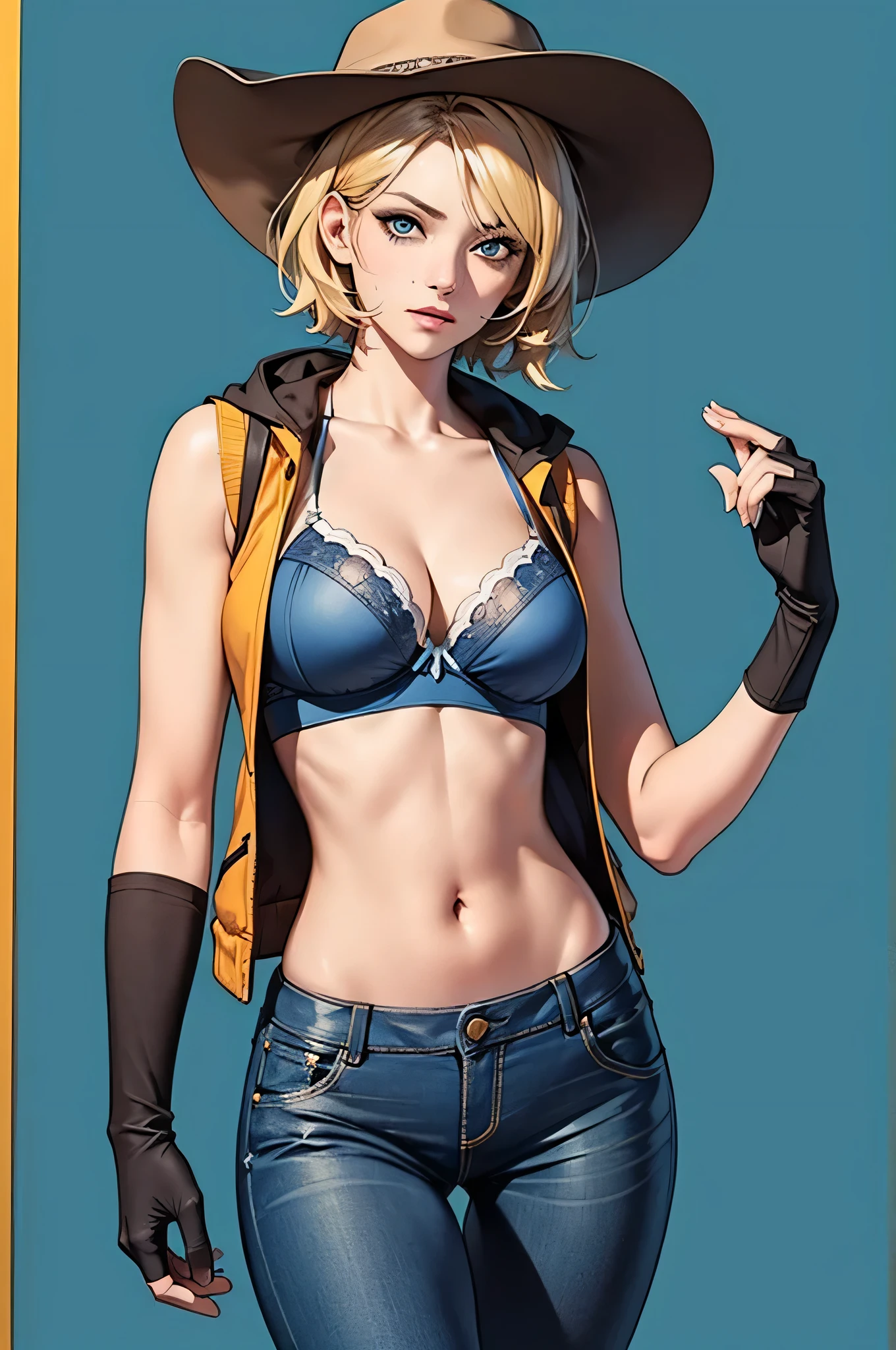 vibrant color, saturated color, colorful, 1girl, cowboy hat, beautiful face, white bra, green vest, no sleeve, navel, blue jeans, brown boots, fingerless gloves, short hair, blonde hair, parted bangs, blue eyes, mole under right eye, American old west, best quality, masterpiece, sensual but confident pose, thigh gap, wild west, sunny background, 