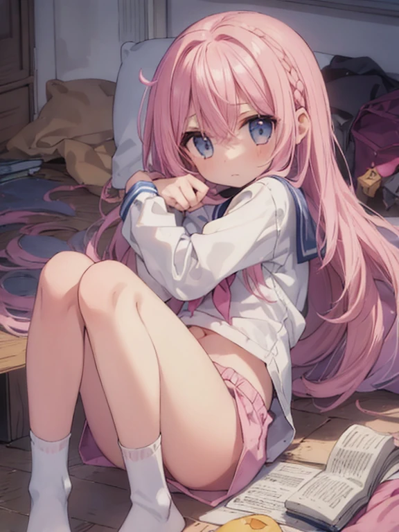 Beautiful illustrations, highest quality, (:1.4)、(pretty girl:1.5)、、Flat Chest、Sailor collar、(White long tunic)、Long sleeve sailor suit、Blue-line cuffs、(Pink Chino Shorts:1.7)、(Pink shorts with wide openings:1.6)、Gap between thighs and shorts、Shorts crotch、Thin thighs、White socks、 Cinema Lighting, (Pink Long Hair)、Pink Straight Hair、Redness on the cheeks、(Braiding of the back of the head)