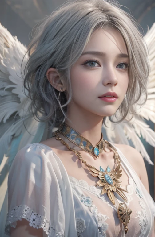 (masterpiece:1.3), (8k, Photorealistic, Raw photo, Best image quality: 1.4), Fair-skinned fairy woman、Long Haircut、Cleavage:2.0、Super detailed face、Attention to detail、double eyelid、Put your chest together、Sharp focus:1.2、Beautiful woman:1.4、Silvery white hair、highest quality、masterpiece、超A high resolution、(Photorealistic:1.4)、Highly detailed and professionally lit smile、Loose, light, Ancient Greek clothing、Shoulder out、thin、Serious expression、Short-haired、Deadly position, gorgeous necklace , one person、whole body, Enormous wings from the latissimus dorsi、Above the Clouds